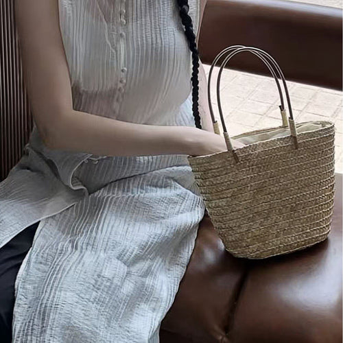Handmade basket bag with leather handles Bowlift