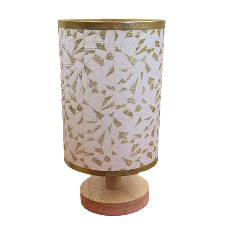 Decorative Cylindrical Fabric Shade Table Lamp with Wooden Base and Mosaic Texture Bowlift