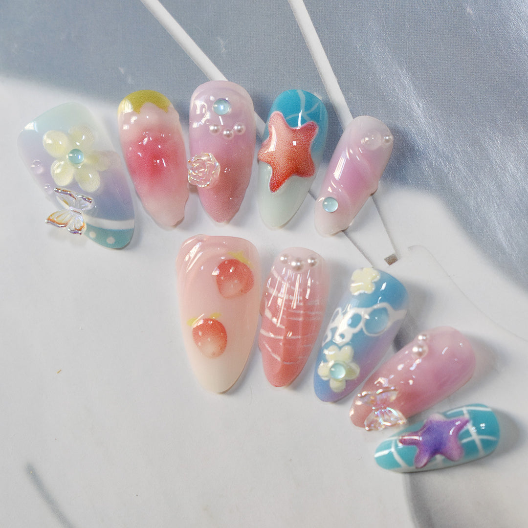Artistic Sea-Themed Press-On Nail Art Bowlift