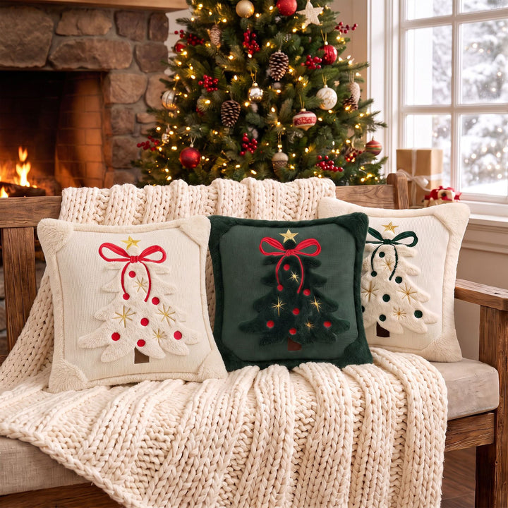 Festive Plush Embroidered Christmas Tree Throw Pillow