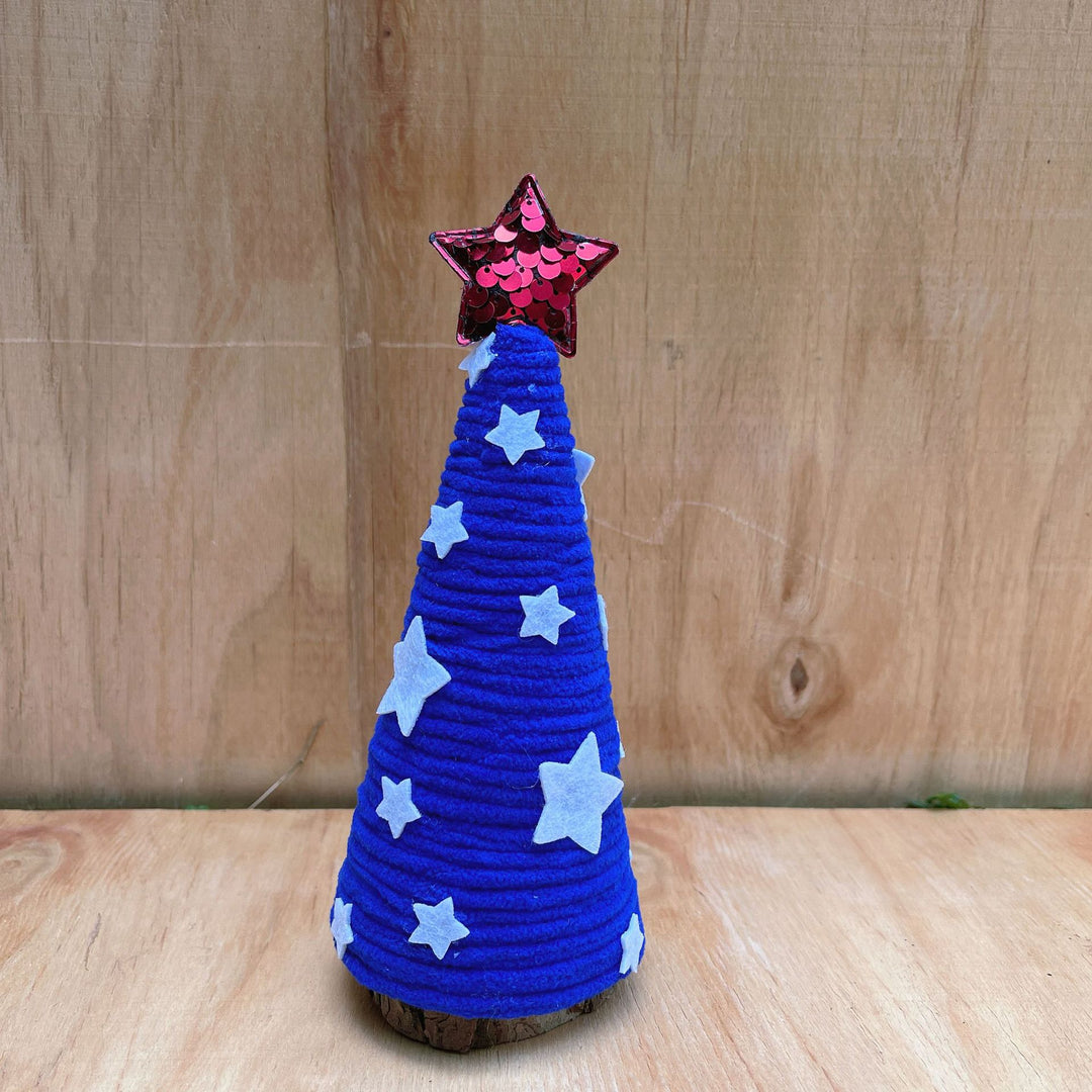 Unisex decorative table top Christmas tree made of felt and knitted structure with star appliqués Bowlift