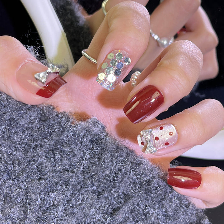 Decorative Press-On Nail Set with Bow and Glitter Bowlift