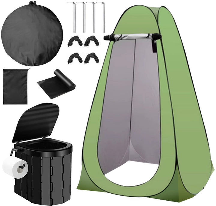 Portable pop-up privacy tent and collapsible camping toilet kit with full accessory set Bowlift