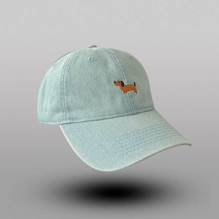 Denim Baseball Cap with Whimsical Dog Embroidery