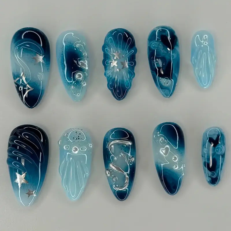 Artistic Ocean-Themed Press-On Nail Art Bowlift