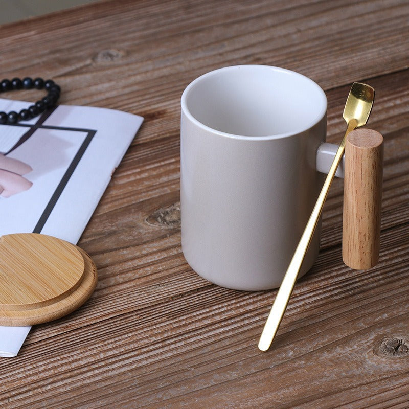 Ceramic Coffee Mug with Ergonomic Wooden Handle Bowlift