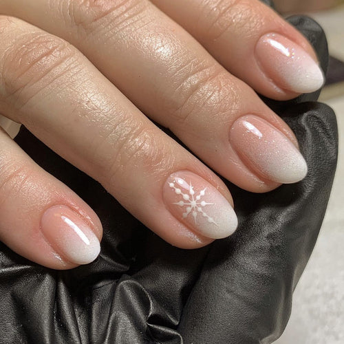 Artful Nail Extensions with Glitter and Snowflake Design Bowlift