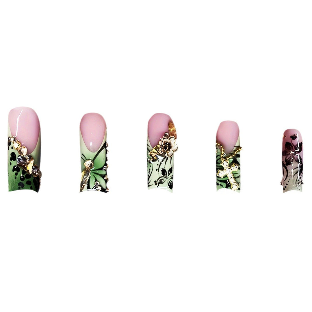 Decorative Floral Press-On Nails with Gem Accents Bowlift