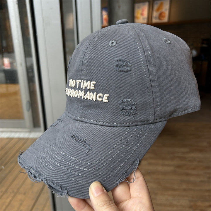 Distressed Cotton Baseball Cap with Quote Embroidery