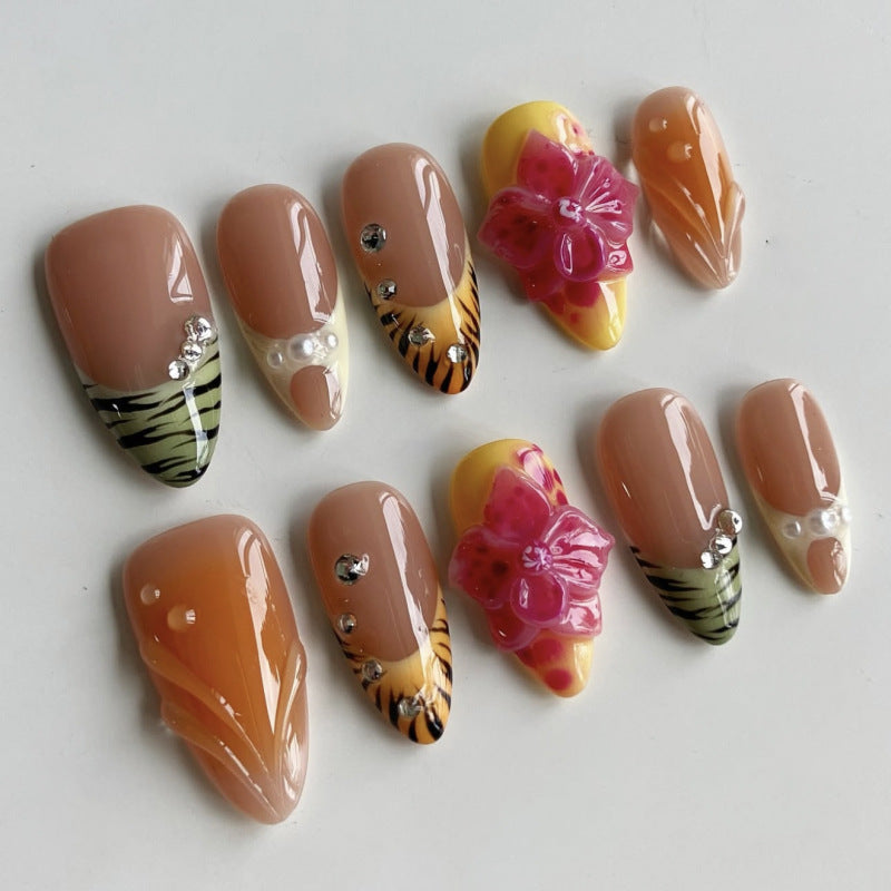 Artistic stiletto nails with colorful flower design and glitter Bowlift