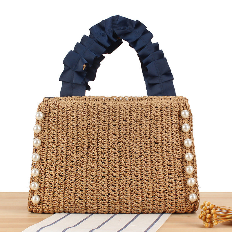 Elegant Handbag with Pearl Decoration and Ruffle Handle Bowlift
