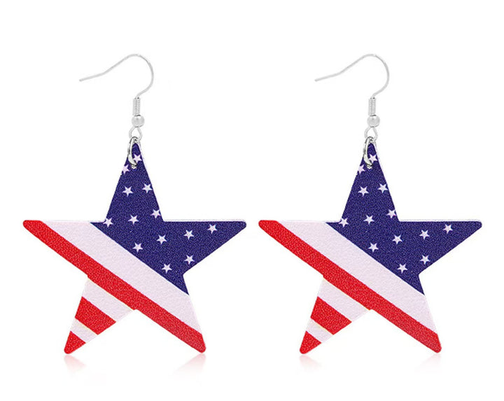 Women's star stripe print faux leather drop earrings with fishhook Bowlift