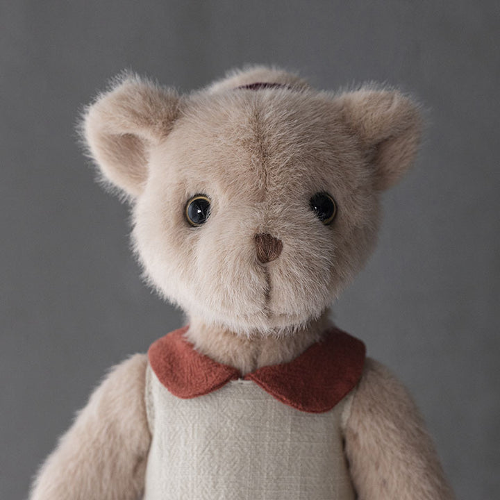 Handcrafted Plush Teddy Bear with Linen Dress and Embroidered Features