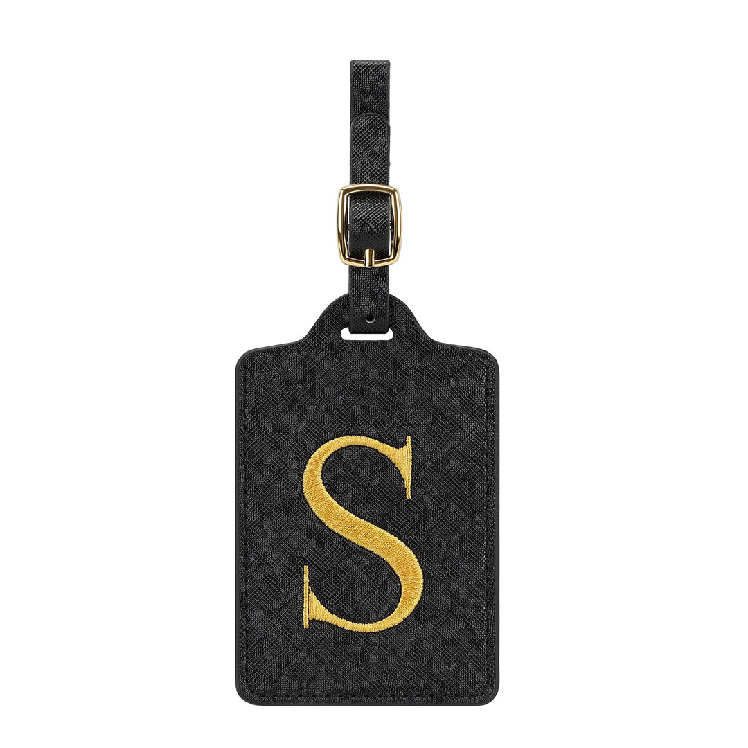 embroidered initial monogram leather luggage tag with adjustable buckle strap Bowlift