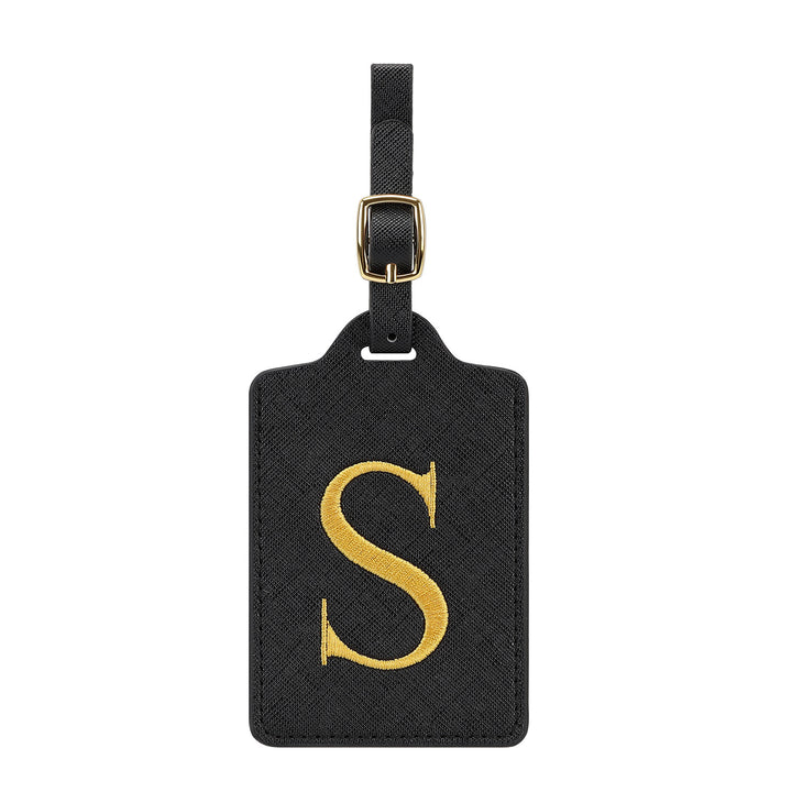 embroidered initial monogram leather luggage tag with adjustable buckle strap Bowlift
