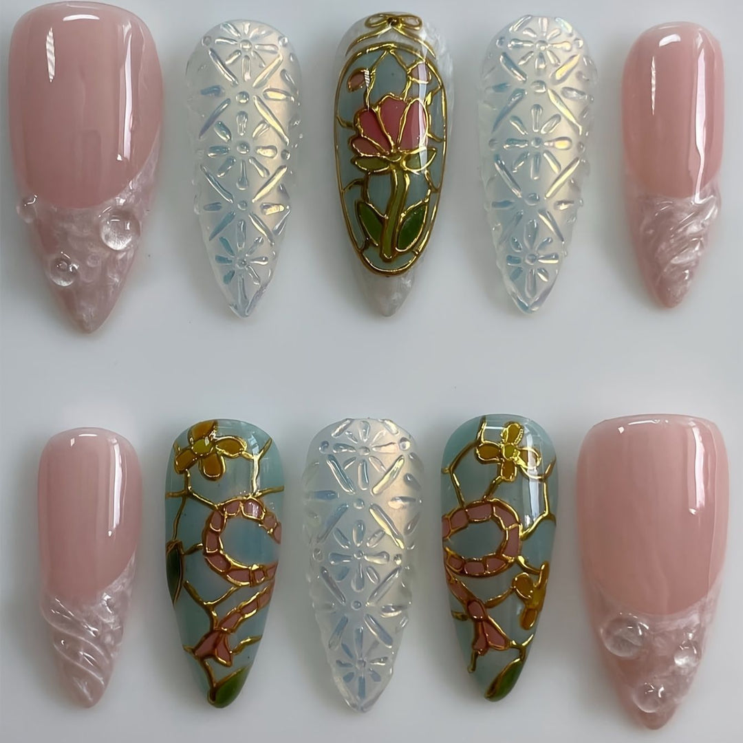 Artistic Floral and Gemstone Press-On Nail Set Bowlift