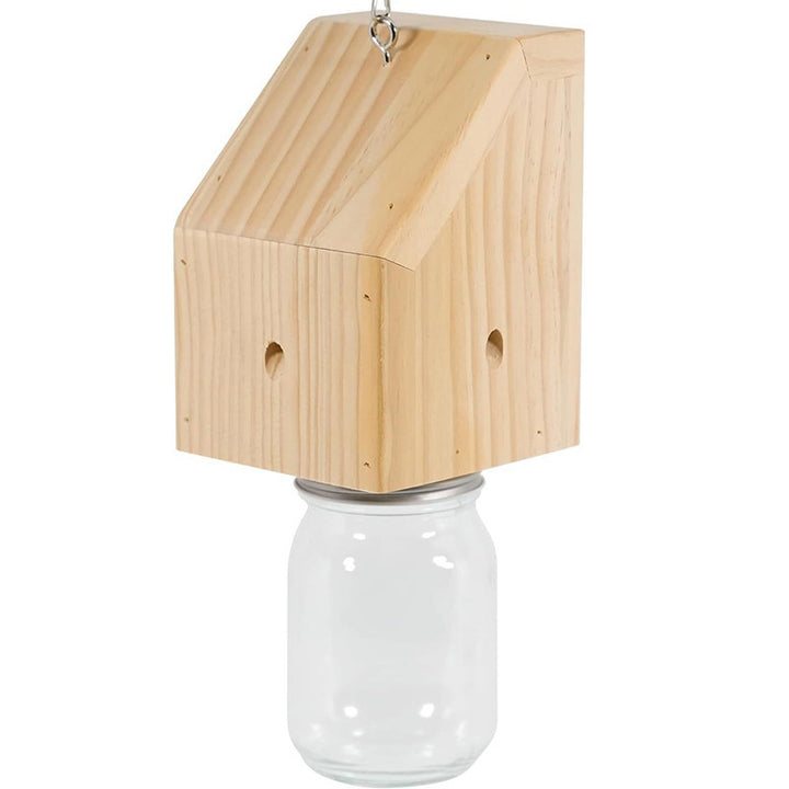 Hanging wooden bird feeder with glass jar seed reservoir and natural jute hanger Bowlift