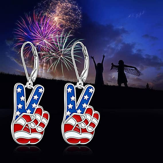 Women's nan patriotic peace sign enamel dangle earrings with leverback clasp and hypoallergenic plating Bowlift