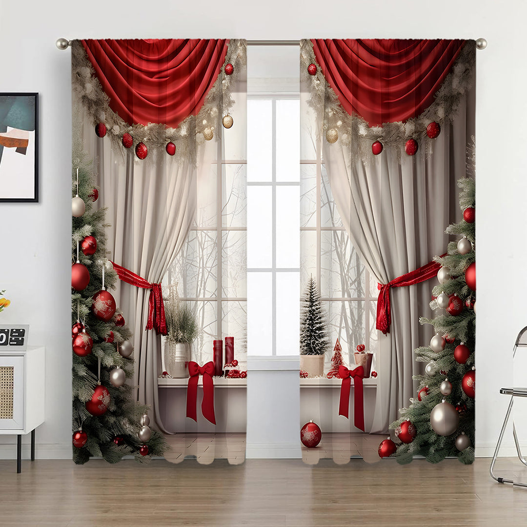 Festive Holiday-Themed Sheer Curtain Panels