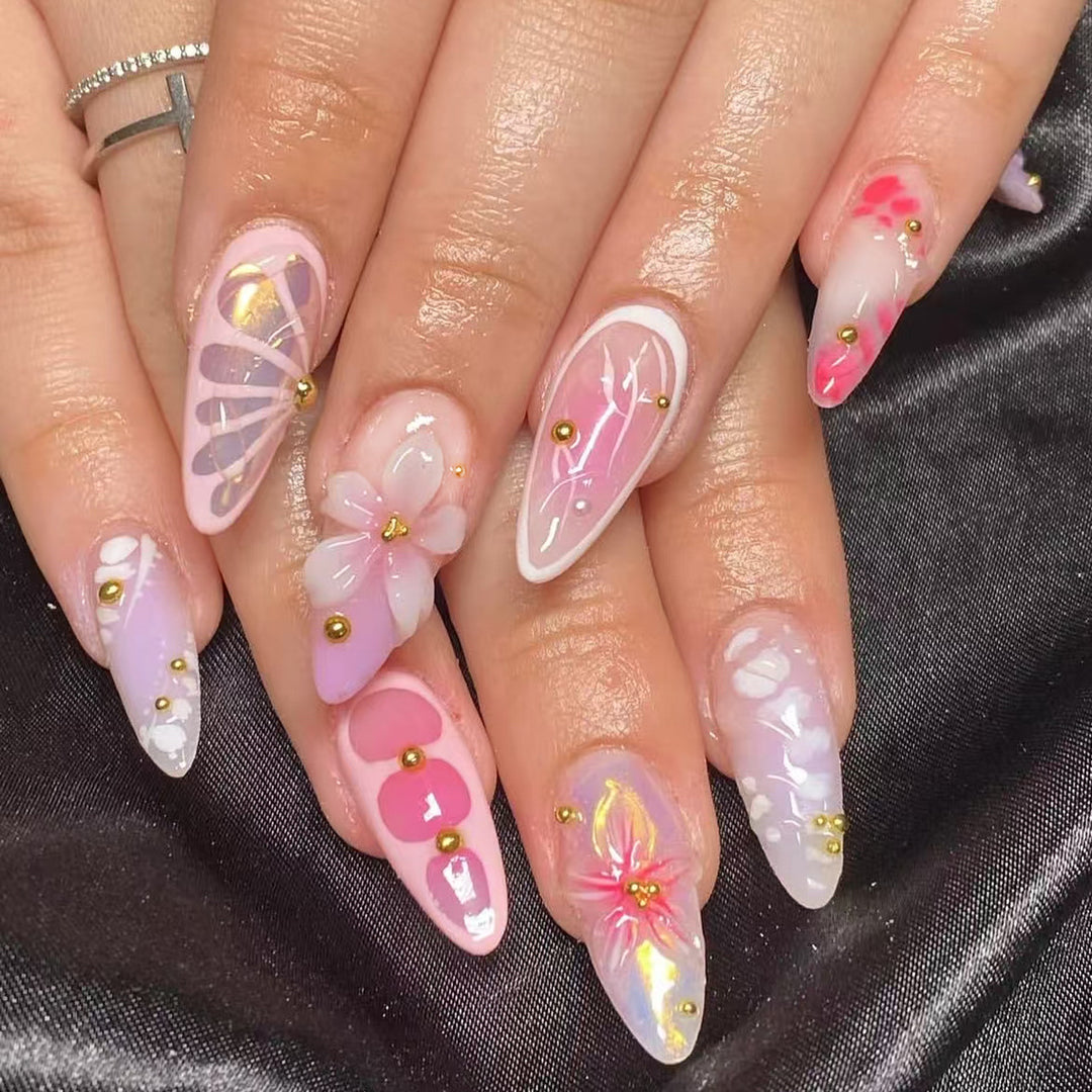 Artful Nail Extensions with Floral Accents Bowlift