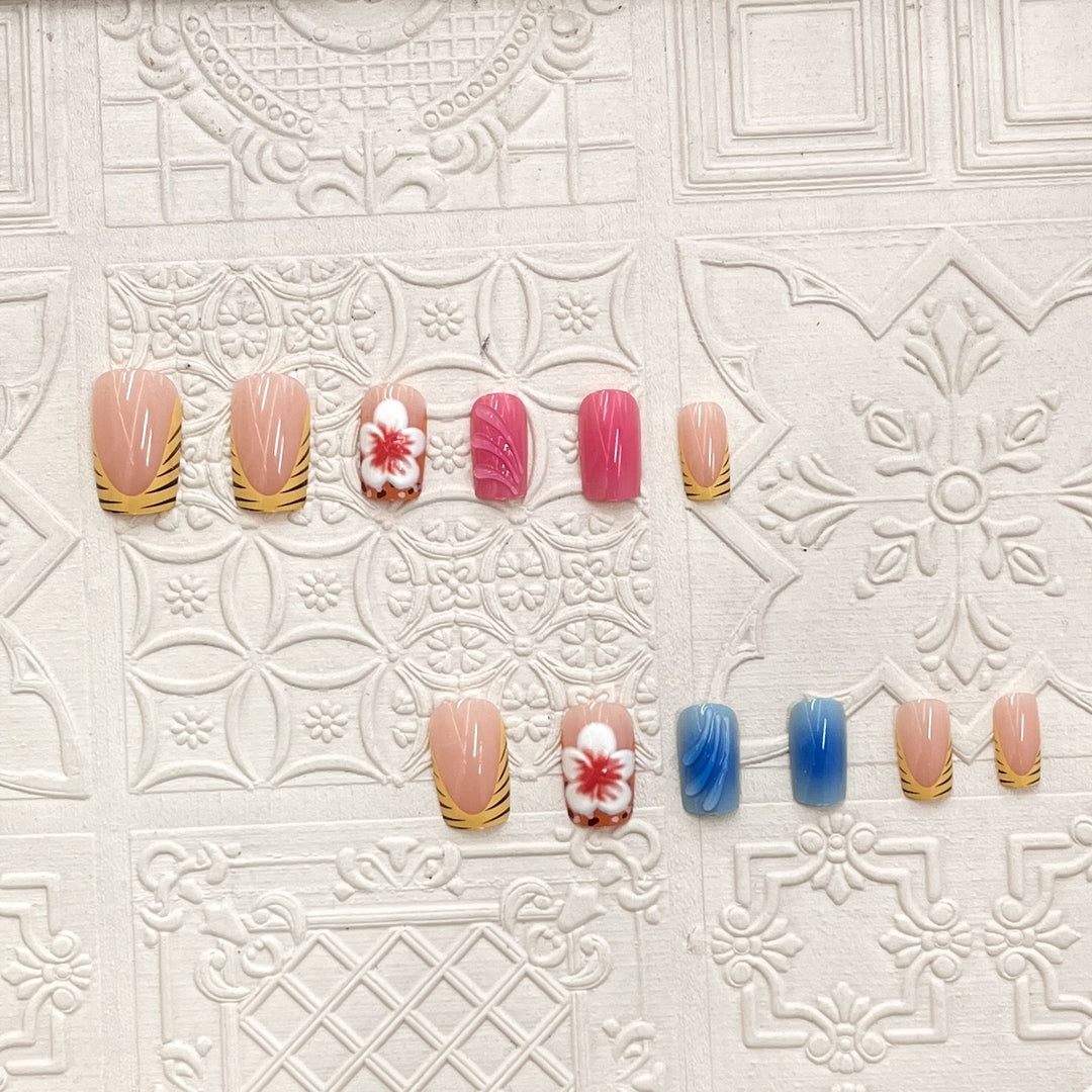 Artistic Press-On Nail Set with Floral and Wave Designs Bowlift