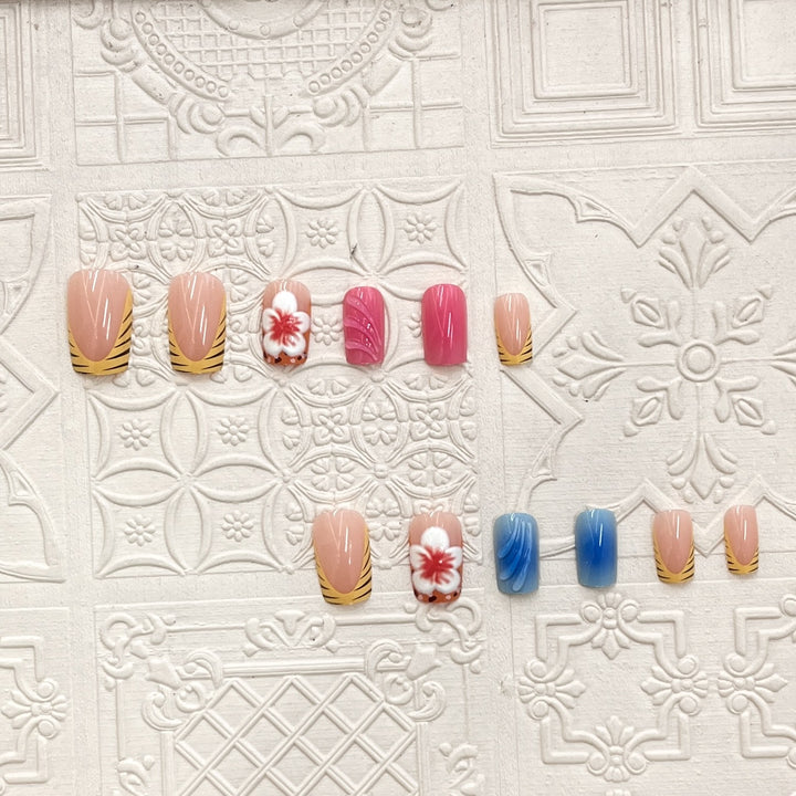 Artistic Press-On Nail Set with Floral and Wave Designs Bowlift