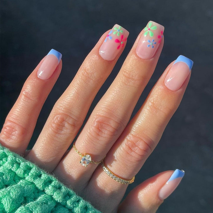Artificial nail set with colorful flowers and creative French design Bowlift