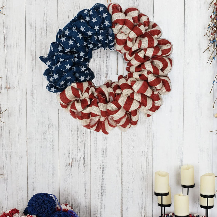 Unisex nan patriotic burlap looped front door wreath with star and stripe Americana pattern Bowlift