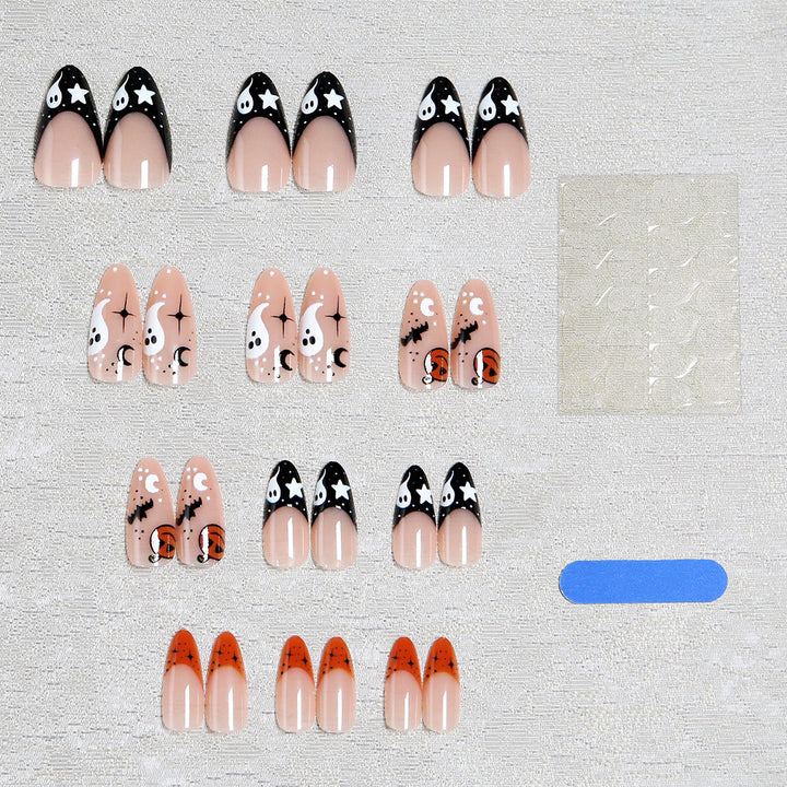 Halloween-themed artificial nails with ghost and pumpkin motifs Bowlift
