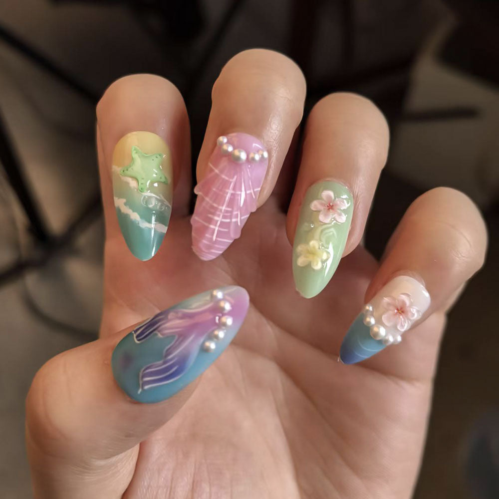Artistic Ocean-Themed Press-On Nail Set Bowlift