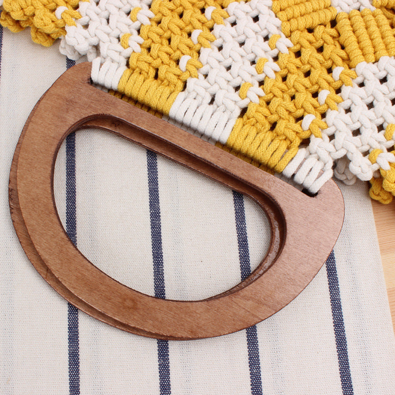 Macrame Tote Bag with Wooden Handles and Floral Details Bowlift