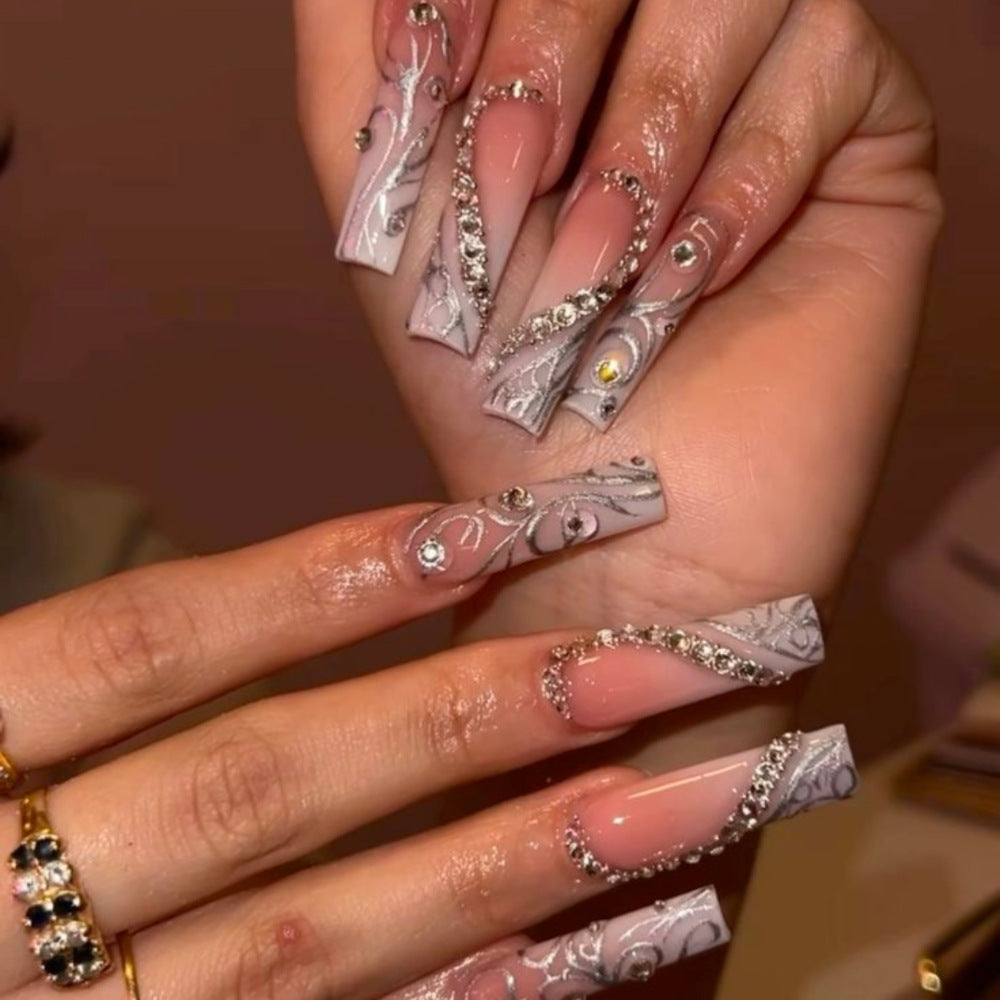 Artificial nails with elegant 3D pattern and radiant rhinestone decorations Bowlift