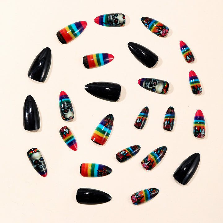Artistic Skull-Themed Stiletto Nail Art Extensions Bowlift