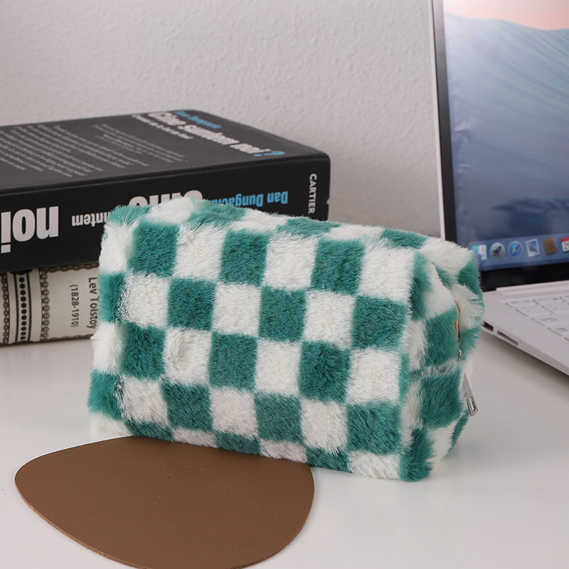 Faux Fur Checkered Zipper Makeup Organizer Pouch Bowlift
