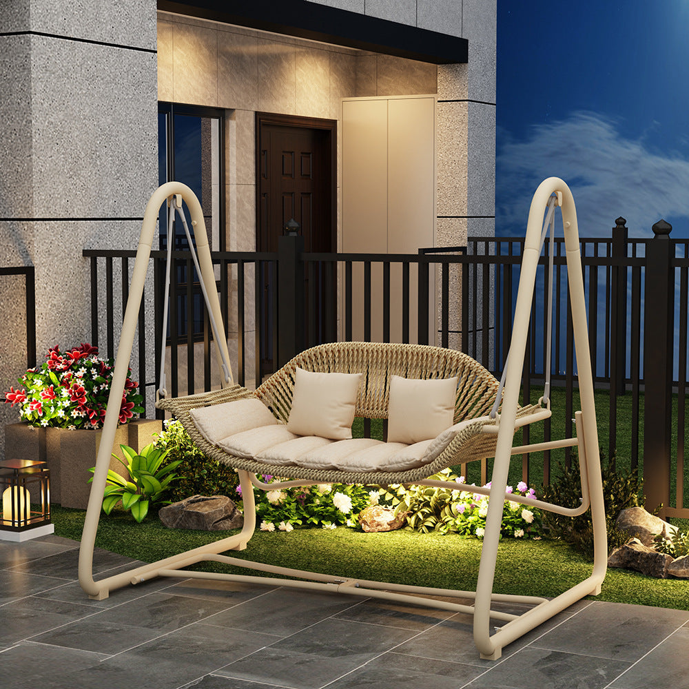 Woven rattan outdoor swing loveseat with padded cushions and powder-coated steel frame Bowlift