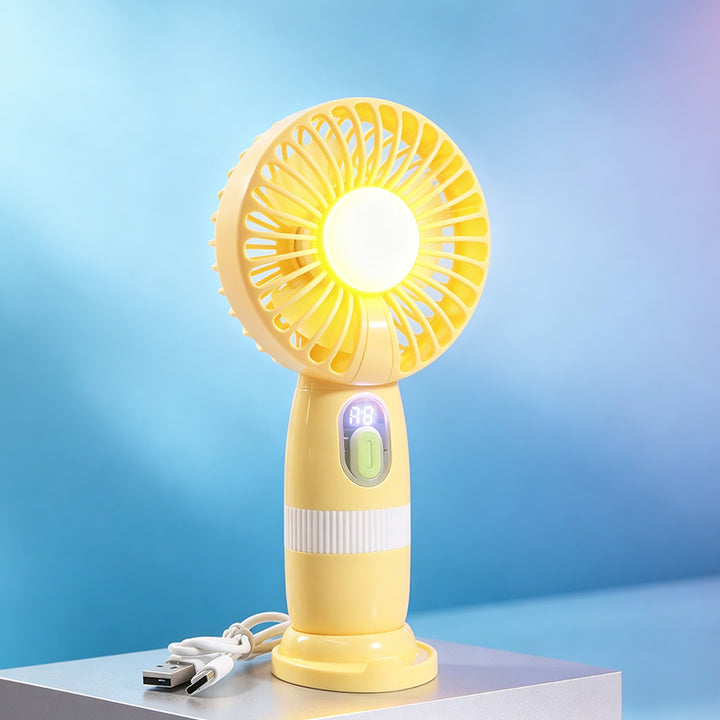 Women's Portable Handheld Fan with LED Lighting and Digital Temperature Display Bowlift
