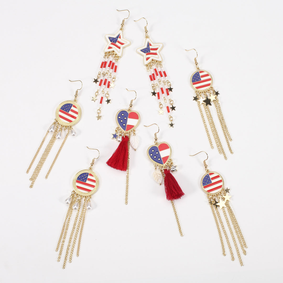 Women's nan long beaded fringe dangle earrings with enamel flag medallion and crystal drops Bowlift