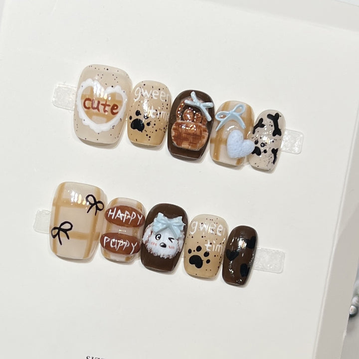 Playful Cartoon Dog-Themed Press-On Nail Art Set Bowlift