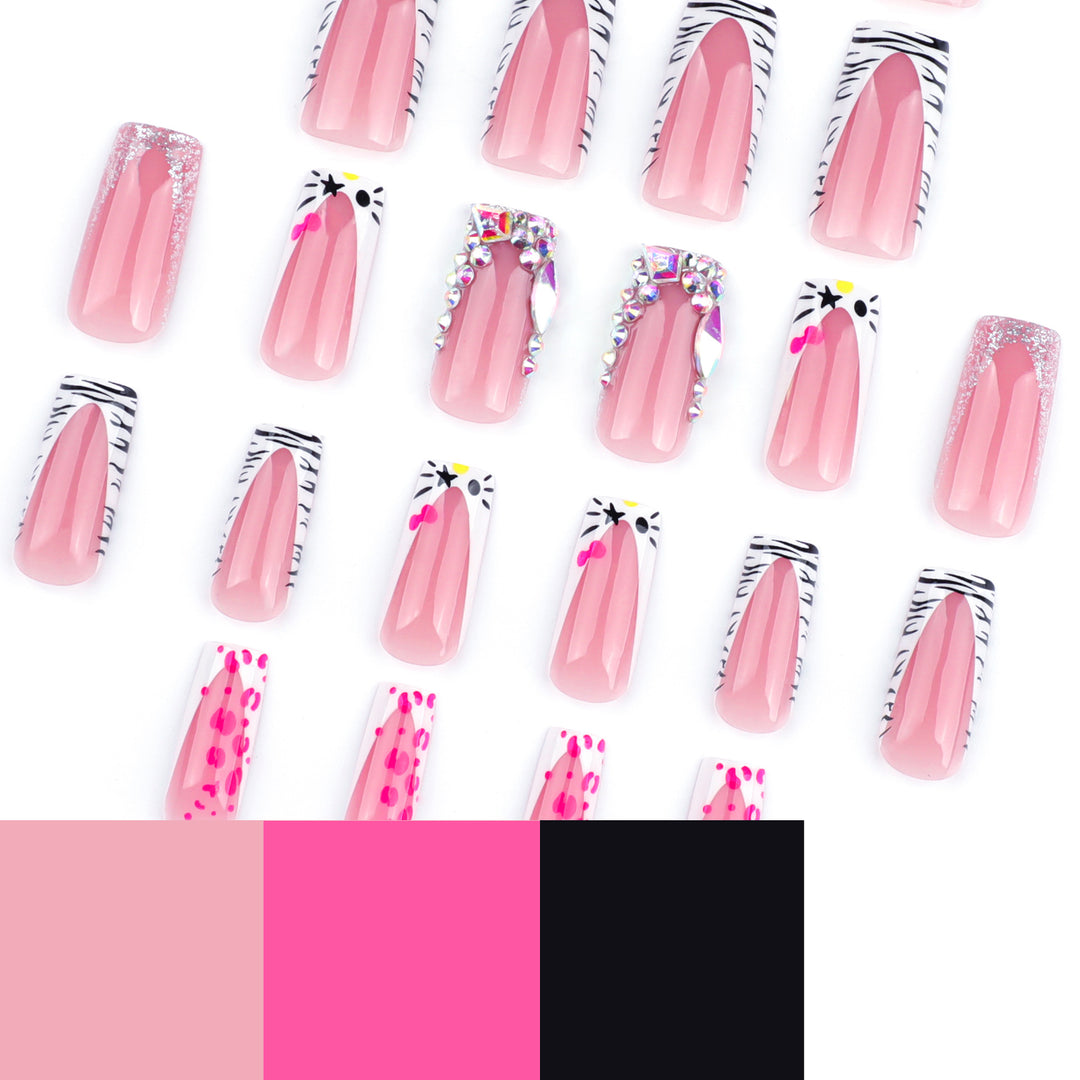 Artistic Nail Art with Animal Motif and Rhinestone Decorations Bowlift