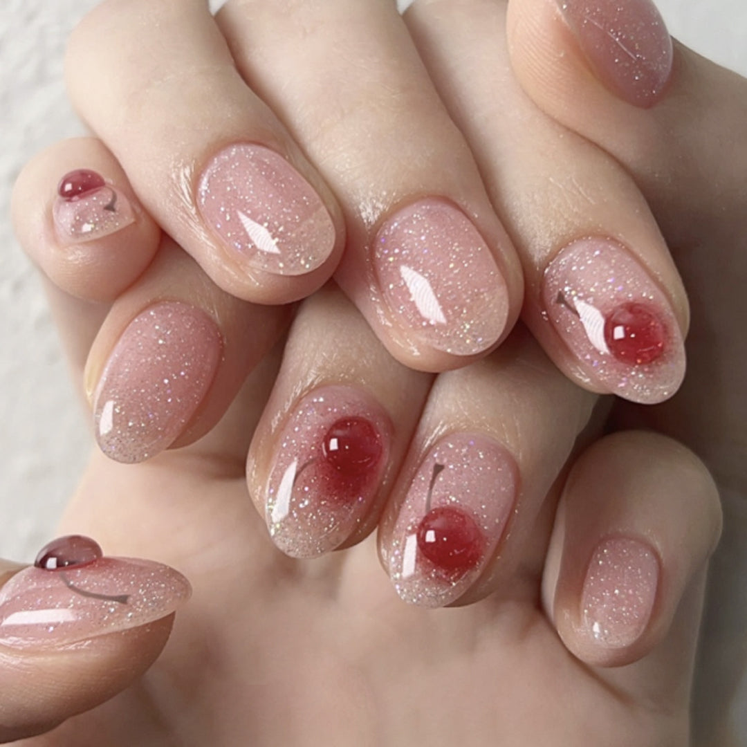 Elegant artificial nails with glitter and cherry motif Bowlift