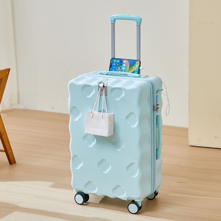 hard-shell carry-on suitcase with integrated foldable cup holder phone cradle USB charging port and external bag hooks Bowlift