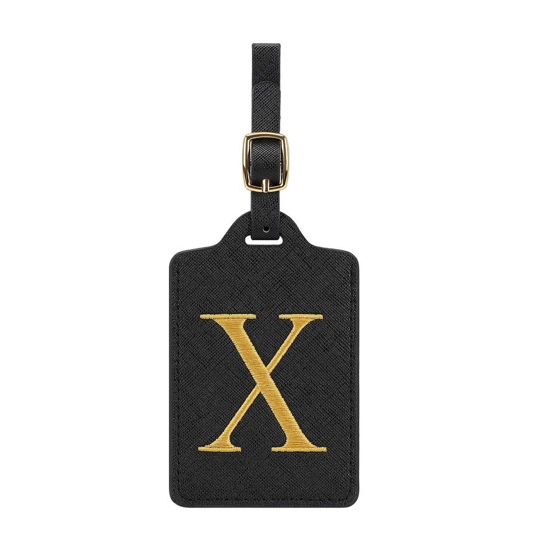embroidered initial monogram leather luggage tag with adjustable buckle strap Bowlift