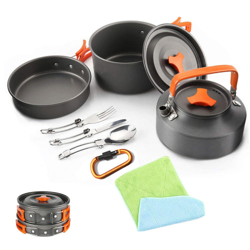 lightweight non-stick nesting camping cookware set with folding handles compact kettle pot pan and folding cutlery Bowlift