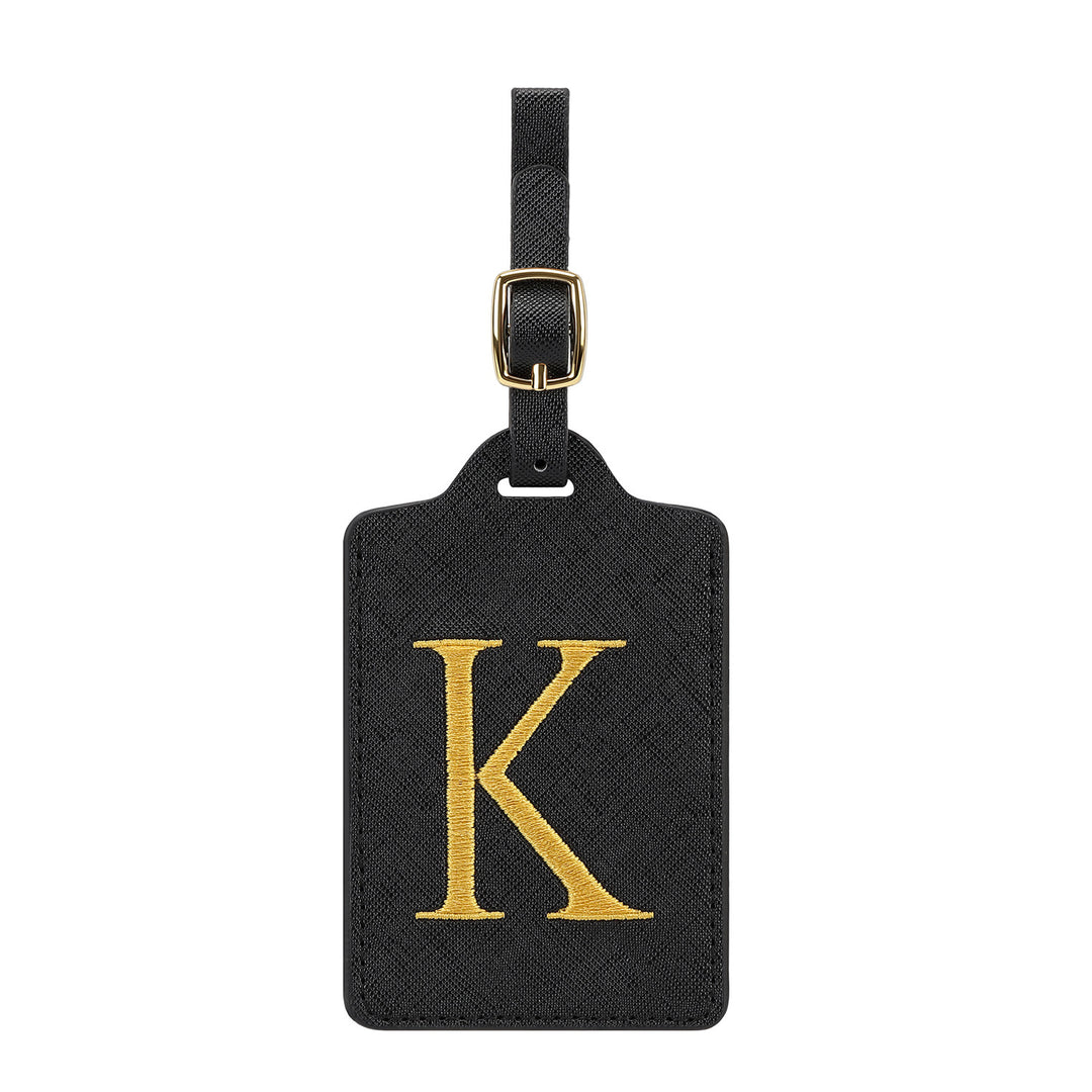 embroidered initial monogram leather luggage tag with adjustable buckle strap Bowlift