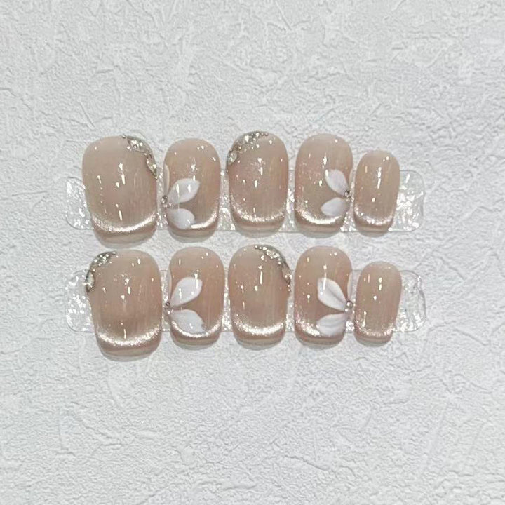 Decorative Press-On Nail Set with Elegant Leaf Design Bowlift