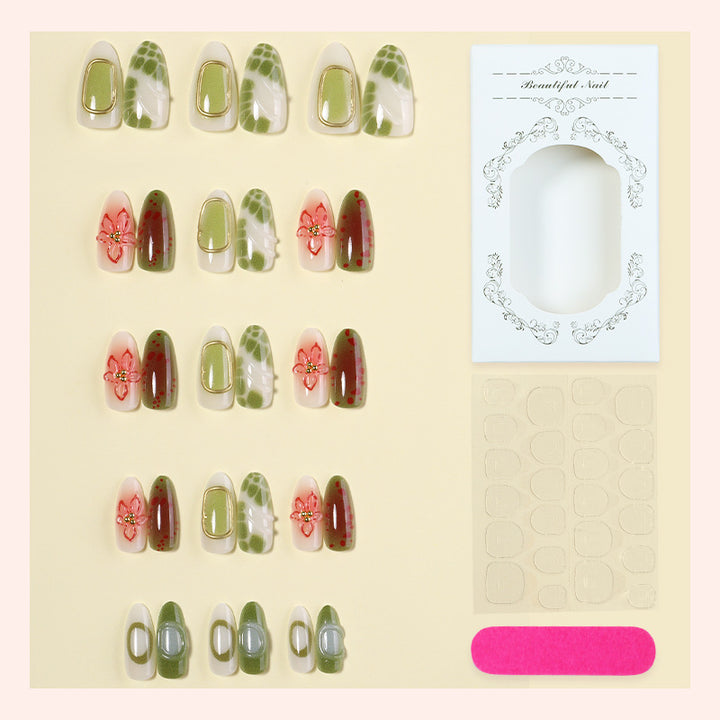 Decorative Press-On Nail Art Set with Floral and Gem Accents Bowlift 1788496103
