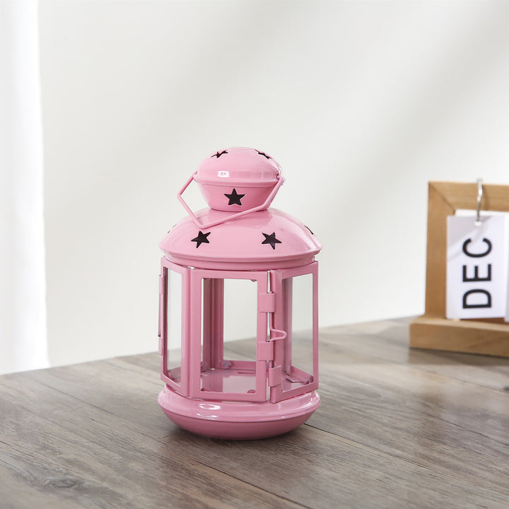 Decorative Star-Cut Glass Panel Metal Tea Light Lantern Bowlift