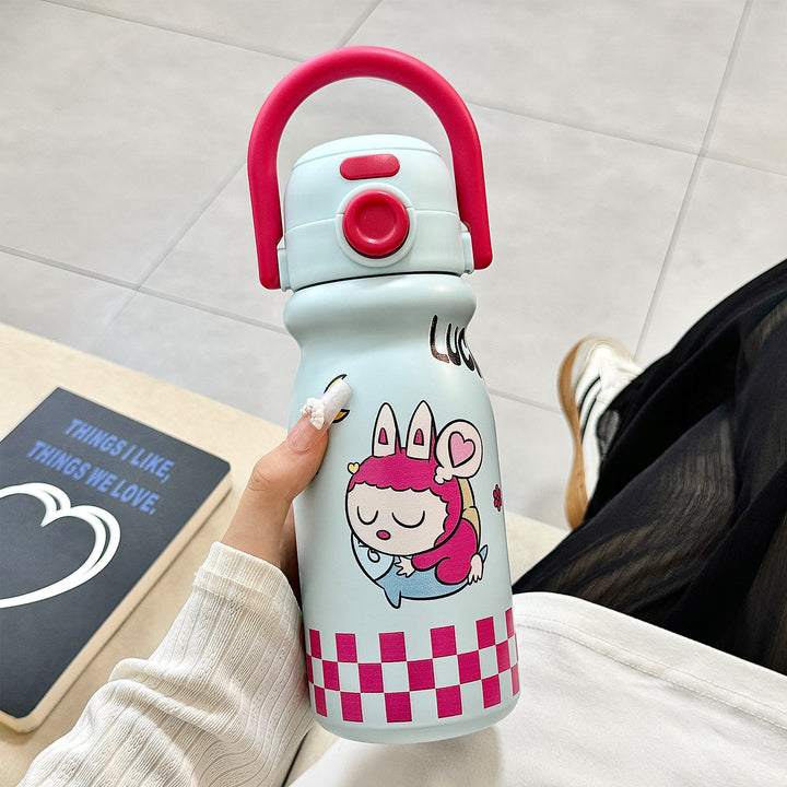 Women's water bottle with fun animal design and ergonomic carrying handle Bowlift