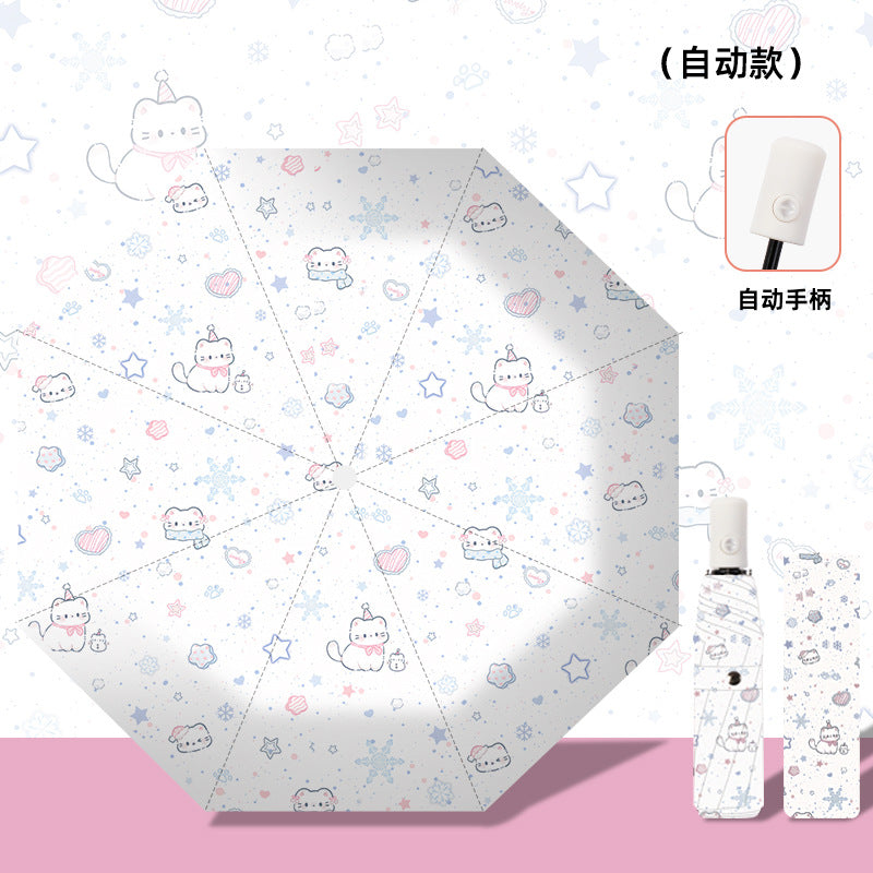 Women's folding umbrella with automatic opening mechanism and playfully themed design Bowlift