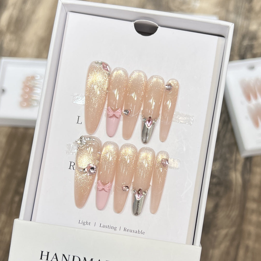 Handmade Press-On Nail Set with Decorative Accents Bowlift